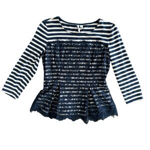 Navy striped cotton top w/lace overlay